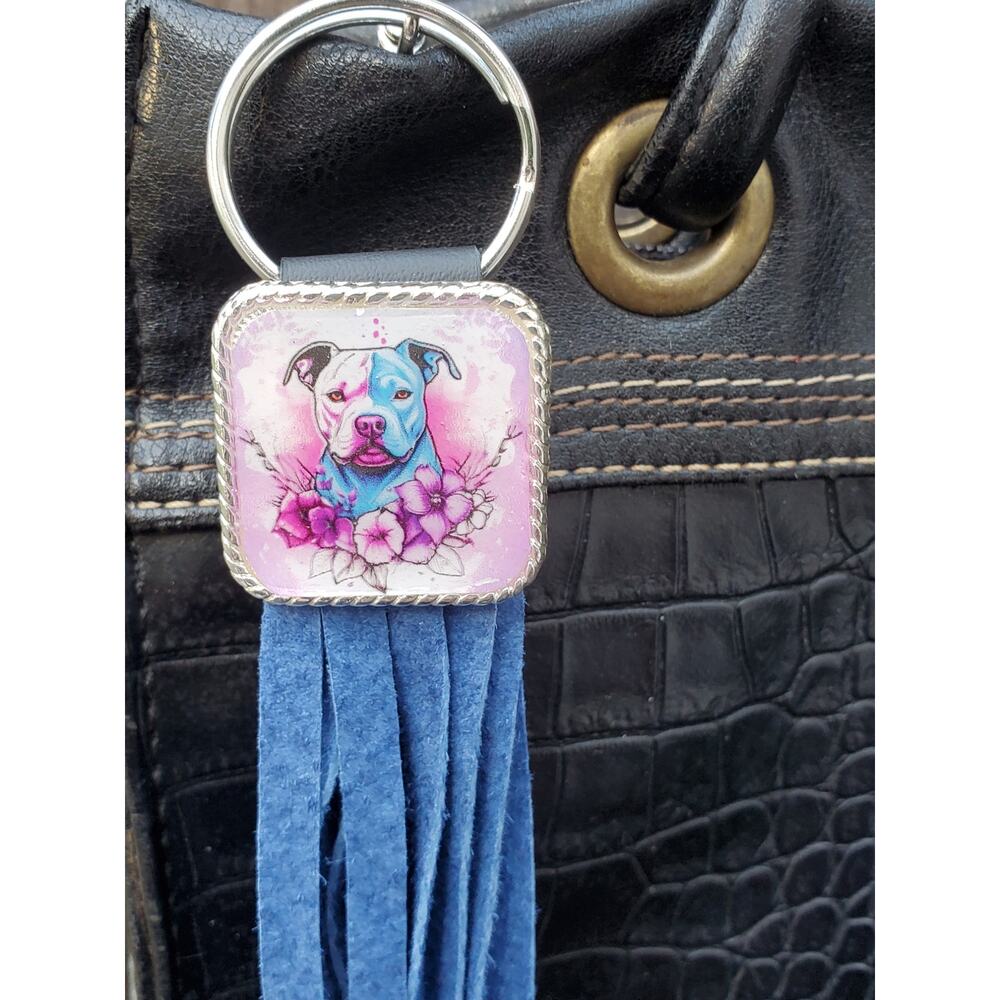 Handmade boho Pitbull lover Leather Fringe Western bag charm fringe keychain